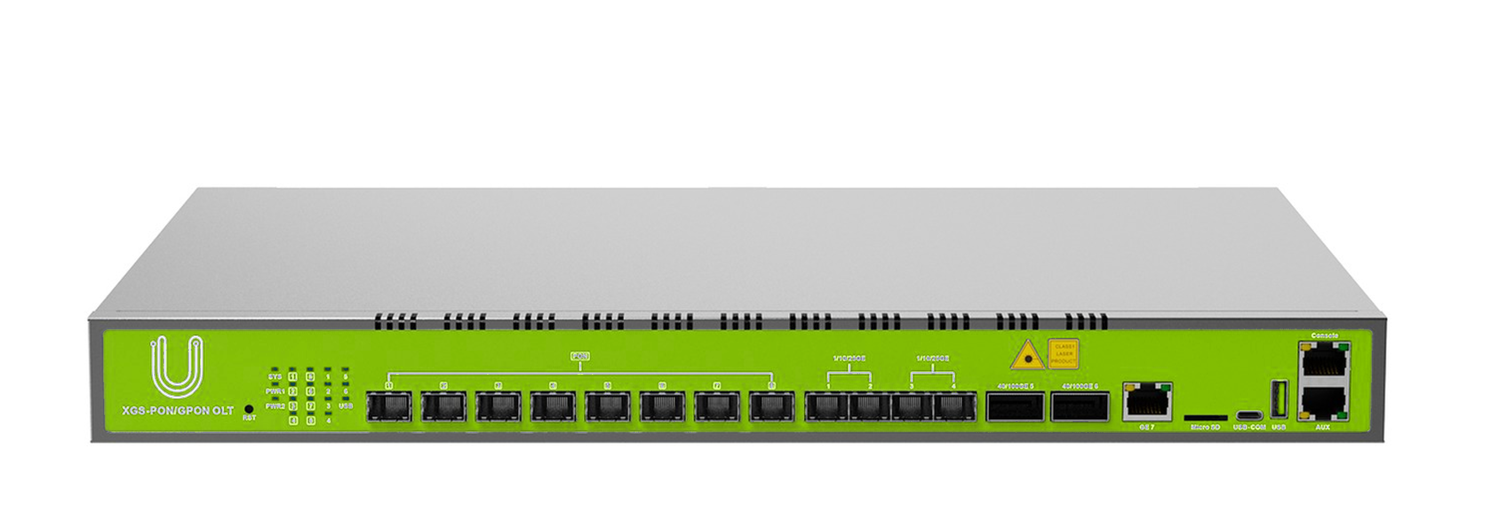 U10 XGS-PON / GPON Combo OLT front panel, annotated